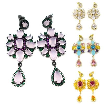 China Statement Women Long Drop Wedding Party 52mm Luxury Trendy Bridal Multicolor Fringed Zircon Flower Flower Earring Jewelry for sale