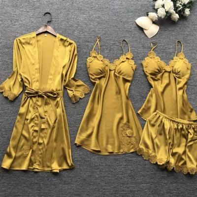 China Hot Retail New Products QUICK DRY Four Piece Sets Women Summer Homewear Bridal Long Robe Silk Bathrobe for sale