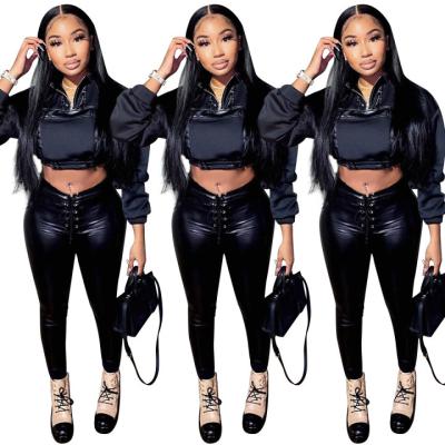 China 2021 New Autumn Breathable Women's Hot Selling Amazon Crop Tops Stitching Tight Pants Leather Trim Dress Panty Two-Piece Set for sale