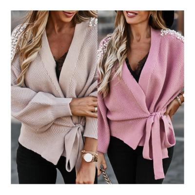 China 2021 Autumn/Winter Hot Sale Woman Breathable Wide Sleeve Cardigan Bandage Top Custom Knit Sweater for sale