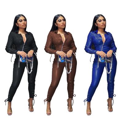 China Solid Color Two Piece Set QUICK DRY QUICK DRY Leather Top Tight Pants Zipper PU Fashion Dressing Outfits Women Two Piece Set for sale