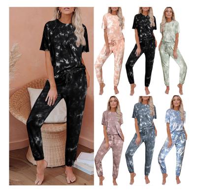 China Bestselling Home QUICK DRY Set Fashion Tie Dye Printed Long Sleeve Pants Split Plus Size Women's Sleepwear for sale