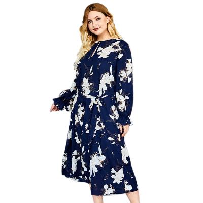 China 2021fashion Breathable O-neck Long Sleeve Plus Size Printed Ladies Temperament Lace Up Long Skirt Casual Dress for sale