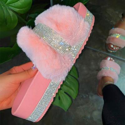 China Fashion Trend Faux Stone Fur Plush Slippers Women Glitter Slides Blinged Women Platform Plush Slippers for sale