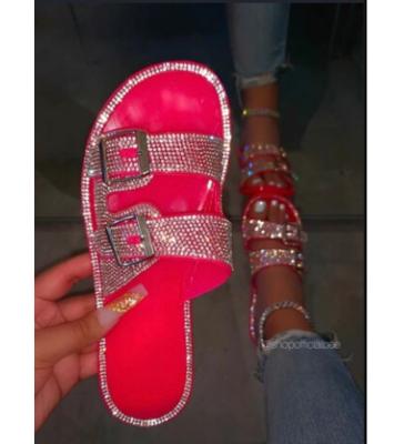 China Fashion Trend Metal Buckle Rhinestone Flat Sandals Glitter Sandals Summer Slippers For Women Slippers for sale