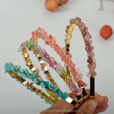 China Free Geographic Natural Chip Stones Hair Accessories Colored Quartz Wide Edge Quartz Crystal Headband Woman Hair Ornaments for sale