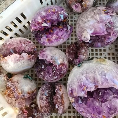 China Wholesale Natural Crystal Open Group Amethyst China Amethyst Geode Rock Balls Druzy Smile Spheres for sale