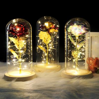 China 2022 Birthday Valentine's Day Artificial Gifts Enchanted Rose Gold Led Lamp 24k Gold Foil In Glass Dome Decorative Flowers for sale