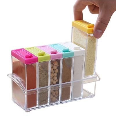 China Freshness Preservation Kitchen Accessories 6pcs/set Spice Rack Jar Transparent Colorful Lid Seasoning Storage Boxes And Bins for sale