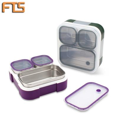 China 3 Compartment Plastic 304 Stainless Steel Bento Box Full Stopper Freshness Reusable Plastic Maker For Student School Lunch Box for sale