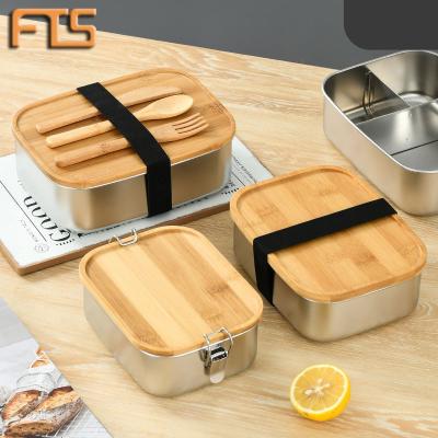 China Freshness Preservation Full Soft Stop Lunch Box Metal Storage Box Freezer With Bamboo Lid Custom 304 Stainless Steel Rectangular Airtight Food Container for sale