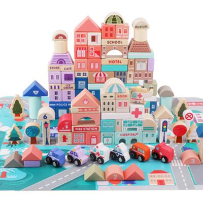 China Eco-friendly Material City Building Block 115pcs Wooden Car And House Bricks Early Educational Toys Toy Block for sale