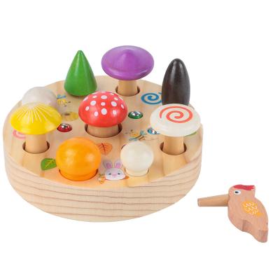 China Wholesale Montessori Educational Wooden Magnetic Mushroom Intelligence Toys Woodpecker Play Toy Developing Worn Fish Toy for sale