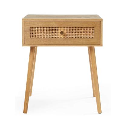 China Wholesale Modern Nightstand Natural Wood Bedside Table With Rattan Drawers for sale