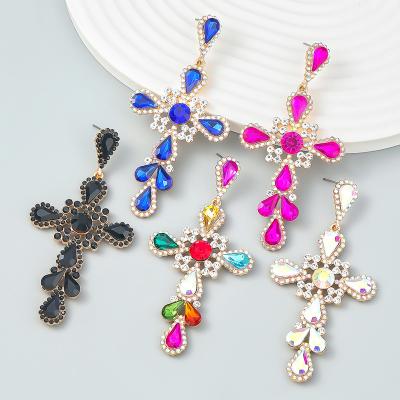 China Newest CLASSIC Colorful Rhinestone Crystal Diamond Cross Dangle Earrings Bling Big Long Drop Earrings Women Jewelry for sale