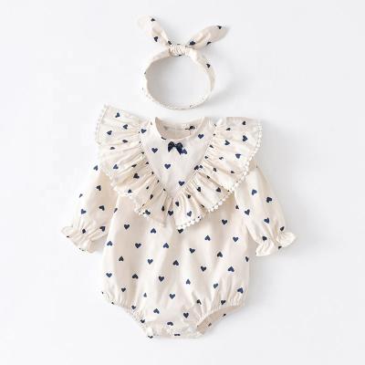 China Wholesale High Quality White Cotton Long Sleeve Love Romper Baby Long Sleeve Newborn Clothes Set Baby Rompers With Headband for sale