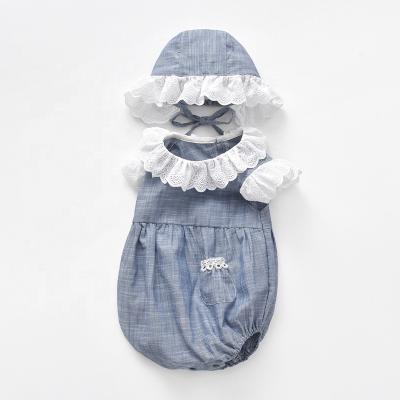 China Cute baby sleeve summer lace cotton denim short romper 2 2022 new girl fly sleeves ruffle baby rompers set with hat for sale