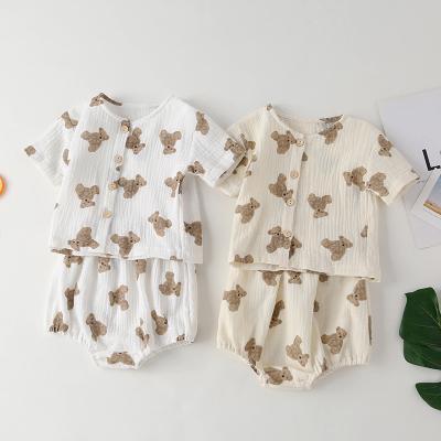 China Breathable Warm Short Sleeve Bear Printing Private Label Summer Sale Newborn Baby Girls Baby Dress Sets For Boys for sale