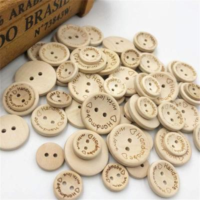 China 100pcs Bag Custom 15mm 20mm 25mm 2-Holes Buttonround Laser Engraved Logo Wood Buttons for sale