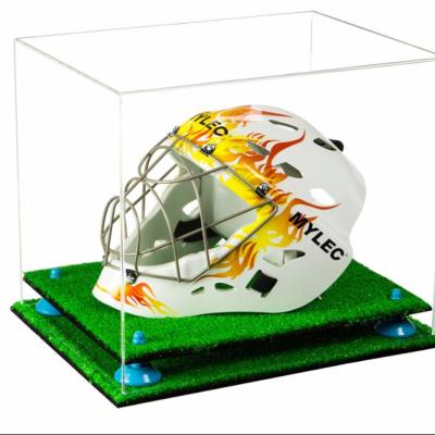 China Acrylic Clear Lacrosse Helmet Display Case With Blue Turf Risers And Base for sale