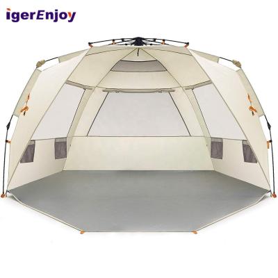 China Extended Type Logo Outdoors Custom Instant Automatic Pop Up Sun Shade 4 Person Camping Beach Hut Tent Single Waterproof Beach Shelter Tents for sale