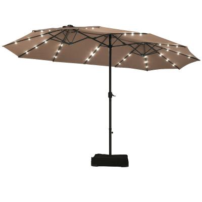 China UV Protection Large 15 Ft Double Sided,Commercial Solar Led Sunshade Garden Patio Lighted Umbrellas Outdoor Twin Steel Parasol Large Size for sale