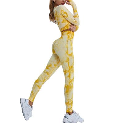 China Breathable Tie Dye Floral Tracksuit Set Women Fitness Gym Wear Gaiters Quick Dry Bra Top Nylon for sale