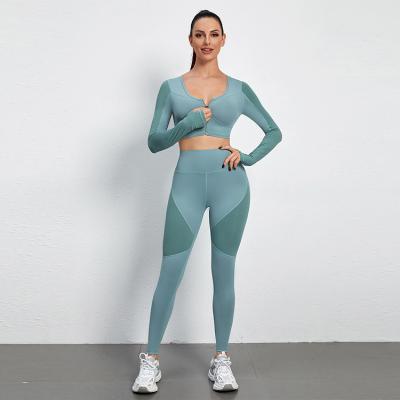 China Breathable Yoga Pants Sets 2 Piece Sports Zipper Cultivate Long Sleeve Top And Leggings Gym Clothing Women Sport Fitness for sale