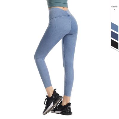 China Ladies High Waist Drop Crotch Liff Cowboy Yoga Pants Girl Fake Bule Jeans Breathable Elastic Fashionable Denim Faux Seamless Gaiters for sale