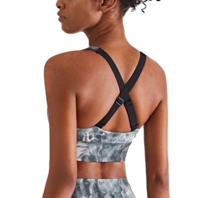 China New Style Breathable Tie Dye Women Beauty X Shape Back Fitness Yoga Underwear Ladies Invest Inlay Top Dye Ink Adjustable Shoulder Strap Gym for sale