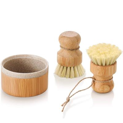 China Sustainable Kitchen Cleaning Brush Bamboo Short Handle Round Dish Brush for sale