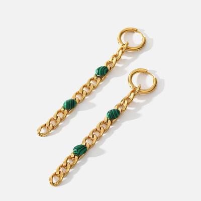 China FASHIONABLE Tasty 18K Gold Plated Stainless Steel Green Natural Stone Tassel Circle Cuban Long Chain Earrings For Women for sale