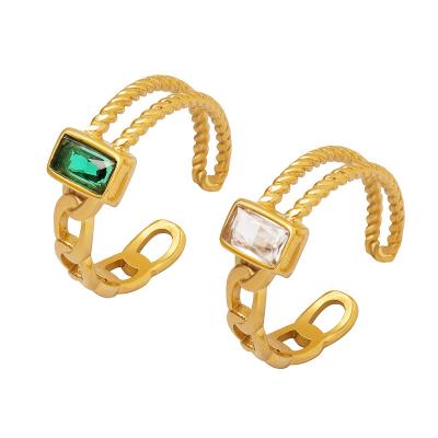 China Vintage Rectangle CZ Zircon Charm White Green Rings For Women 18K Gold Titanium Steel Link Chain Open Ring for sale