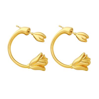 China Hyperbole Gold Real Copper Circle Brass Hoop Earrings For Women's Large C Shape Tulip Flower Pendant for sale