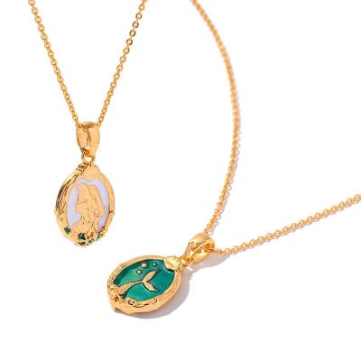 China FASHIONABLE Single Green Double Side Enamel Mermaid Coin Locket 14K White Gold Plated Copper Pendant Necklaces For Women for sale