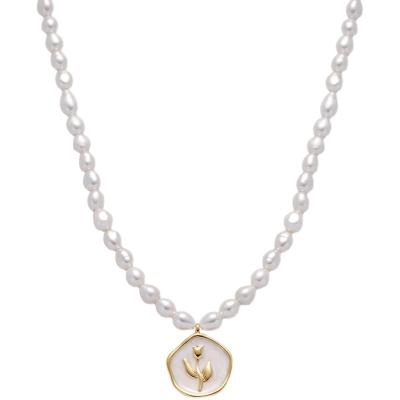 China CLASSIC Retro White Enamel Tulip Flower Coin Pendant Necklace Freshwater Pearl Necklaces For Women for sale