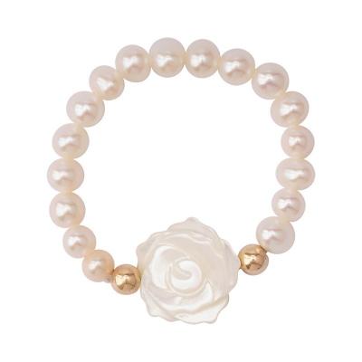 China Vintage Freshwater Pearl Beaded Charm Rings For Women White Color Rose Flower Elastic Finger Ring for sale