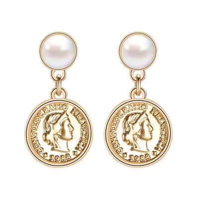 China TRENDY Vintage Portrait Face Around Coin Locket Imitation Pearl Drop Earrings For Women for sale