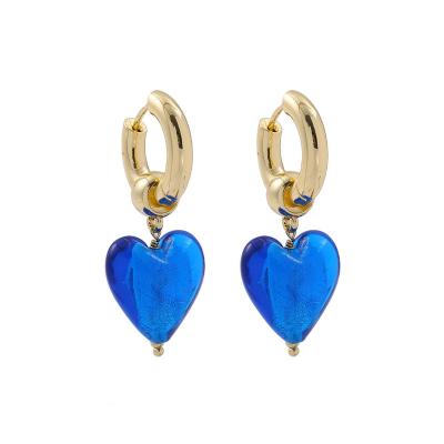 China Cute Multicolor Clear Glass Heart Drop Earrings For Women Brass Gold Long Pendant for sale