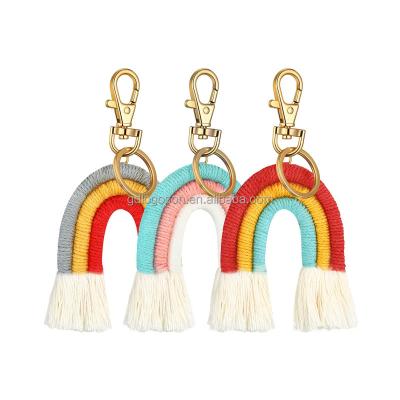 China Eco-Friendly Metal Tassel Key Chain / Fabric Rainbow Macrame Rainbow Boho Weaving Key Chain for sale