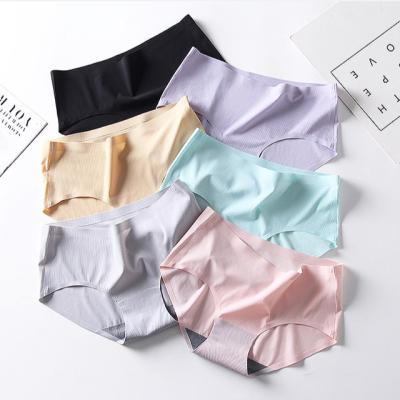 China Ladies Mid Waist Breathable Ice Silk Threaded Traceless Comfortable Nylon Panties for sale