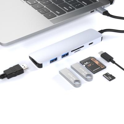 China New Aluminum 6 in 1 Multifunctional USB C USB 3.0 Hub PD100W SD/TF Card Reader and HD Adapter Protective Case for macbook tipo c pro hub for sale