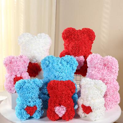 China Wholesale Creative Heart Bear Artificial Rose Flower Bow Bear Christmas Valentine's Day Gift 25cm Gifts For Girls for sale