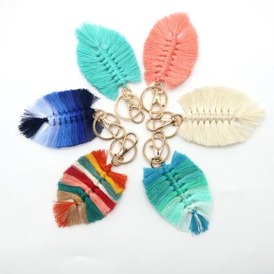 China Wedding Multicolor Handwoven Bohemian Wholesale /Home Decoration Cotton Rope Tassel Key Chain Leaves Key Chain Gift for Girls for sale