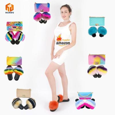 China New breathable hot sale small square lady bags frosted rainbow matte bag soft jelly fur slipper for sale