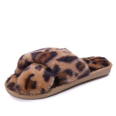 China Fashion Trend Ladies Winter Leopard Print Cross Fur Plush Upper Plush Open Toe House Slipper With Logo for sale