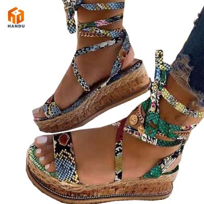 China Women Anti-slippery Sandals Shoes Mid Heel Summer Bandage Women Open Toe Boho Color Snake Pattern Plus Size Heeled Sandals for sale