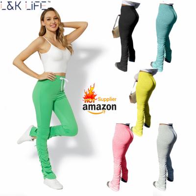 China Breathable Plus Size Yoga Casual Track Womens Wide Leg Stacked Pants Joggers Pants Flare Pants& Trousers for sale