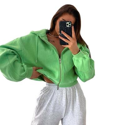 China Long Sleeve Zipper Breathable Green Short Top Cardigan Fashion Hooded Sweater for sale