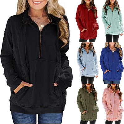 China QUICK DRY Women's Casual 1/4 Sleeve Zipper Long Sweatshirts Stand Up Collar Pullover Tops With Kangaroo Pockets for sale